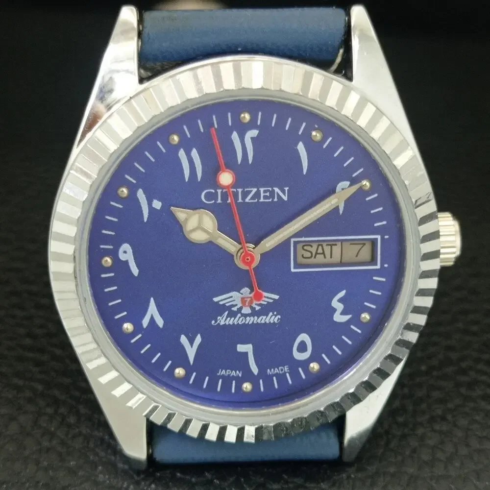 Vintage 1973 Citizen Automatic Mens Silver Watch W/daydate & Blue accents
